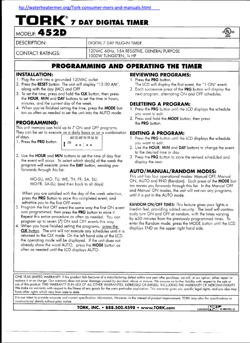 Página 1 del manual Manual de usuario Tork 452D