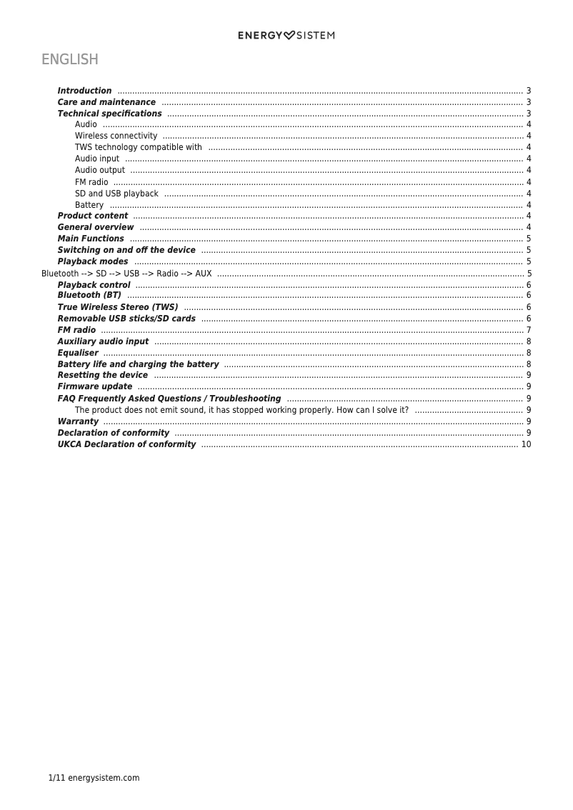 Página nº 1 - Manual de usuario Energy Sistem Music Box BZ4+