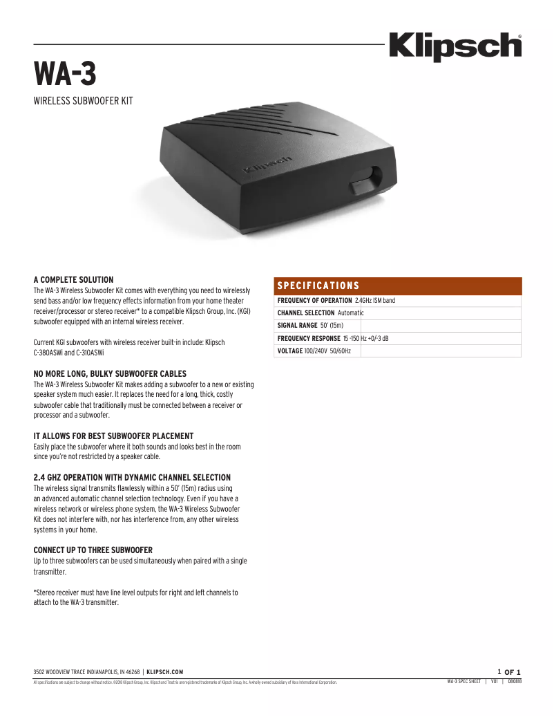 Página 1 del manual Ficha técnica Klipsch WA-3