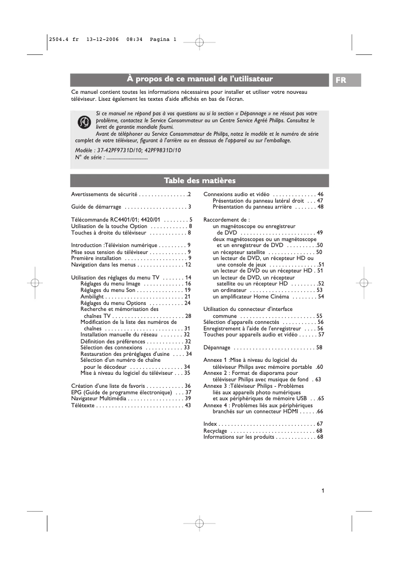 Imagen de la primera página del manual del dispositivo Cineos 42PF9731D