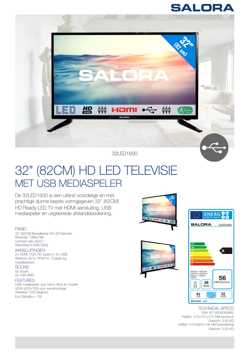 Página 1 del manual Ficha técnica Salora 32LED1600