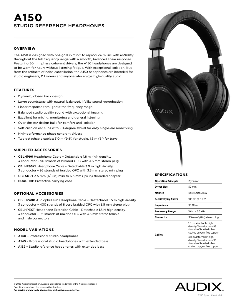 Página 1 del manual Ficha técnica Audix A150