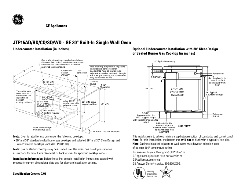 Página 1 del manual Ficha técnica GE JTP15SDSS
