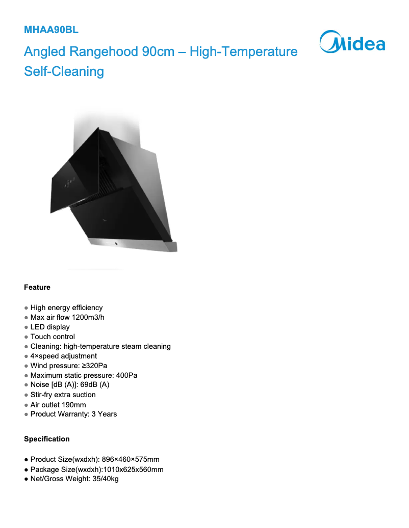 Página 1 del manual Ficha técnica Midea MHAA90BL