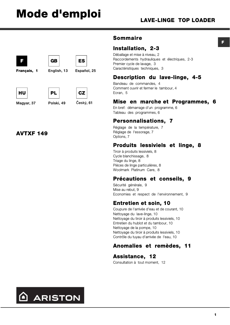 Imagen de la primera página del manual del dispositivo AVTXF 149