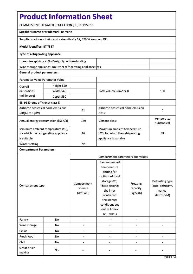 Página 1 del manual Ficha técnica Bomann GT 7337