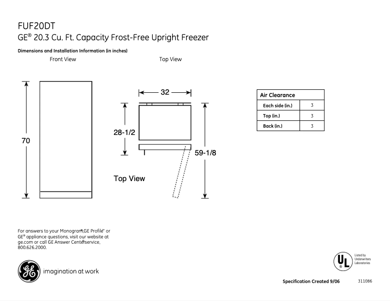 Página 1 del manual Ficha técnica GE FUF20DTRWH
