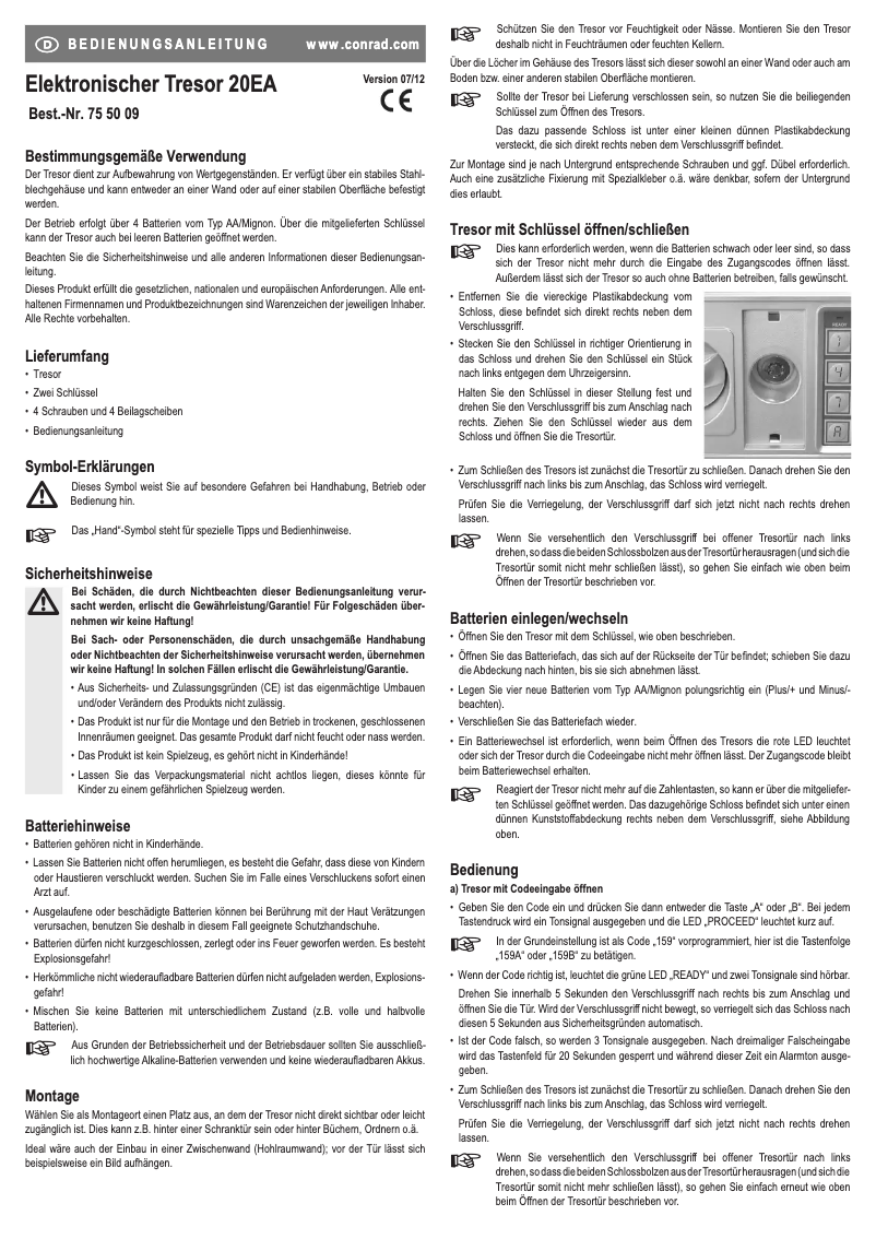Página 1 del manual Manual de usuario Conrad Electronic safe 20EA