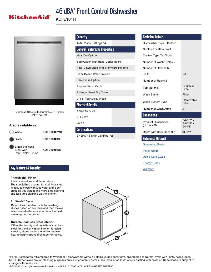 Página nº 1 - Ficha técnica KitchenAid KDFE104HBS