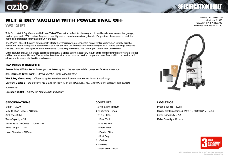 Página nº 1 - Ficha técnica Ozito VWD-1235PT