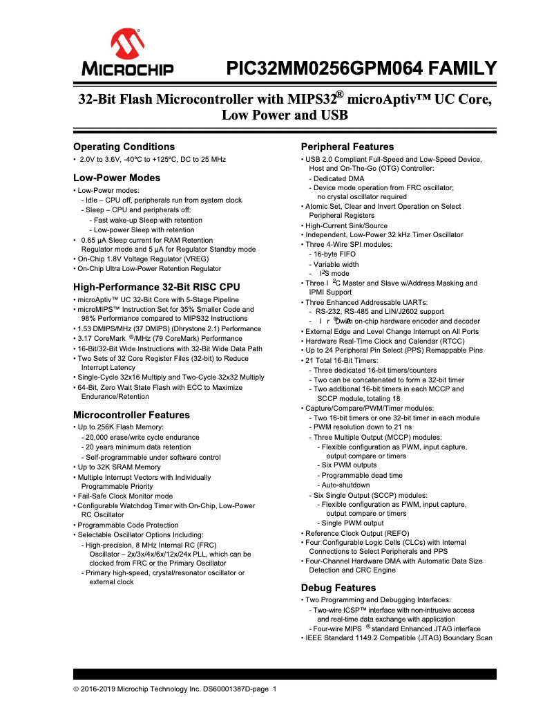 Imagen de la primera página del manual del dispositivo PIC32MM0064GPM036