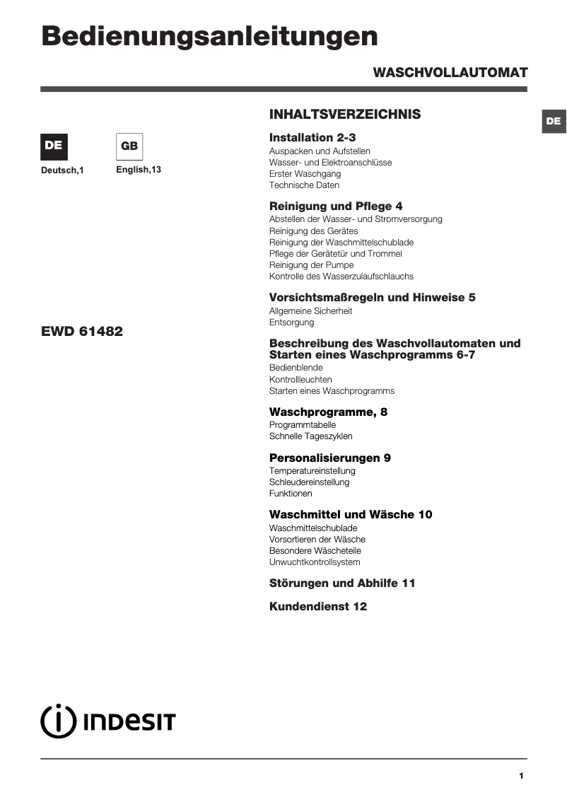 Página 1 del manual Manual de usuario Indesit EWD 61482 W DE