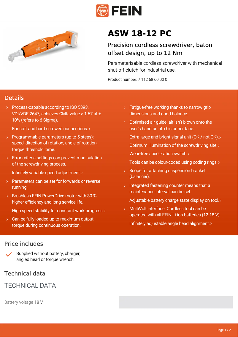 Página 1 del manual Ficha técnica Fein ASW 18-12 PC