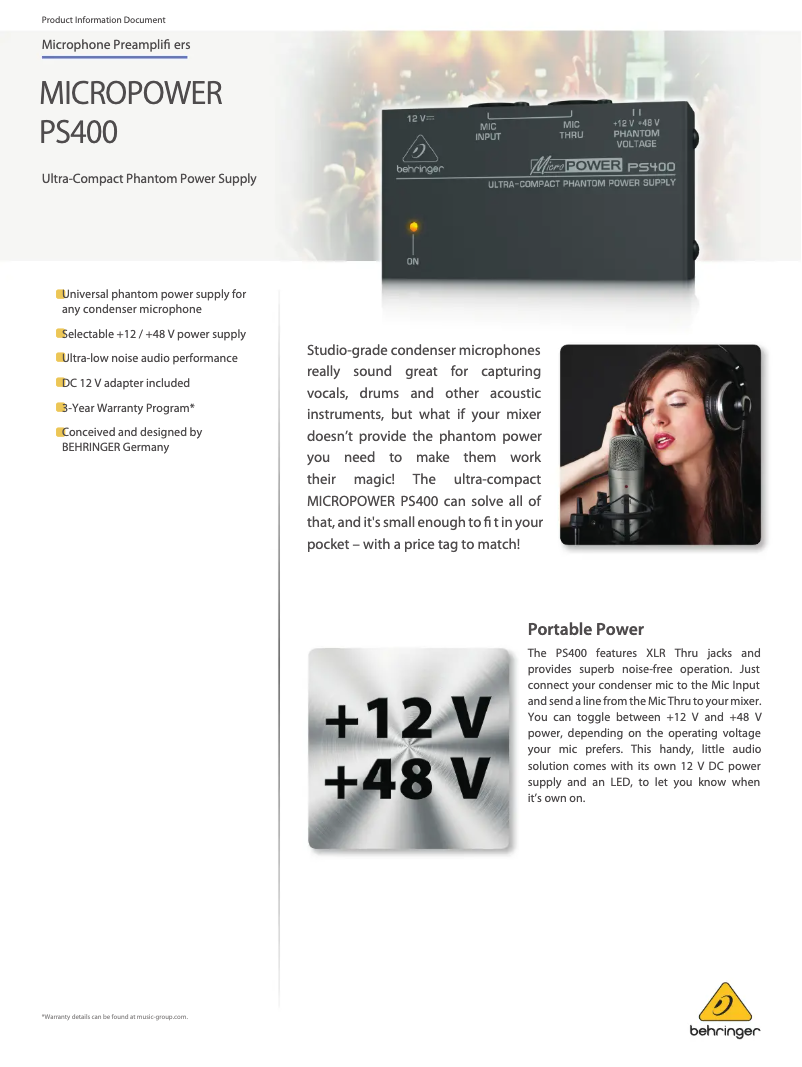 Página 1 del manual Ficha técnica Behringer MicroPower PS400