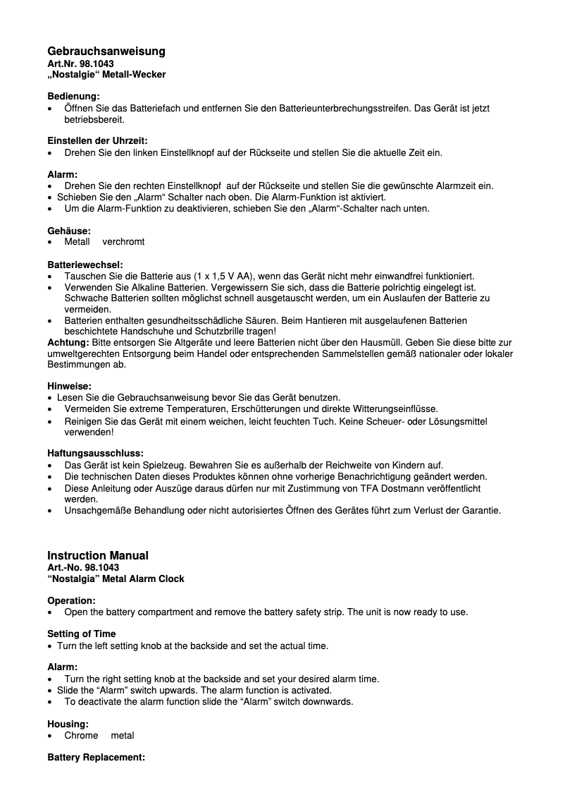 Imagen de la primera página del manual del dispositivo 98.1043