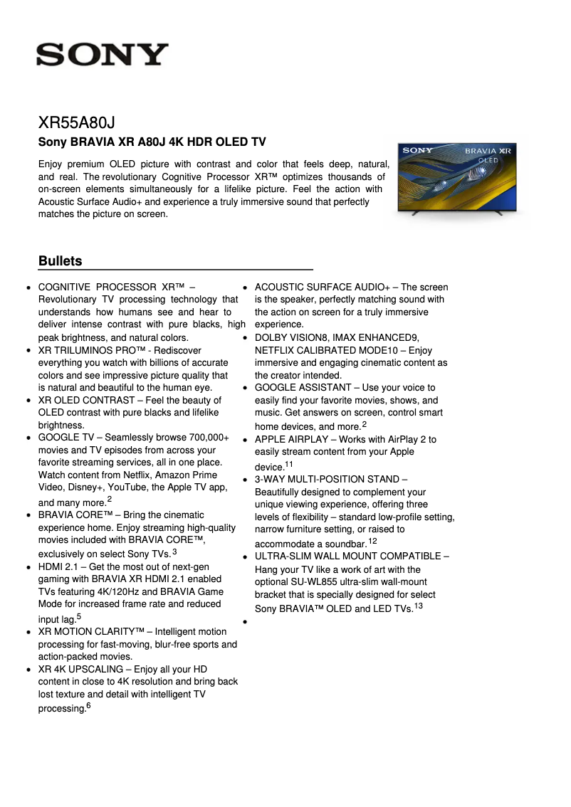 Imagen de la primera página del manual del dispositivo XR-55A80J