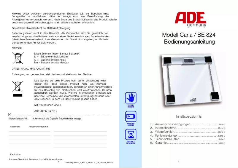 Imagen de la primera página del manual del dispositivo Carla BE 824