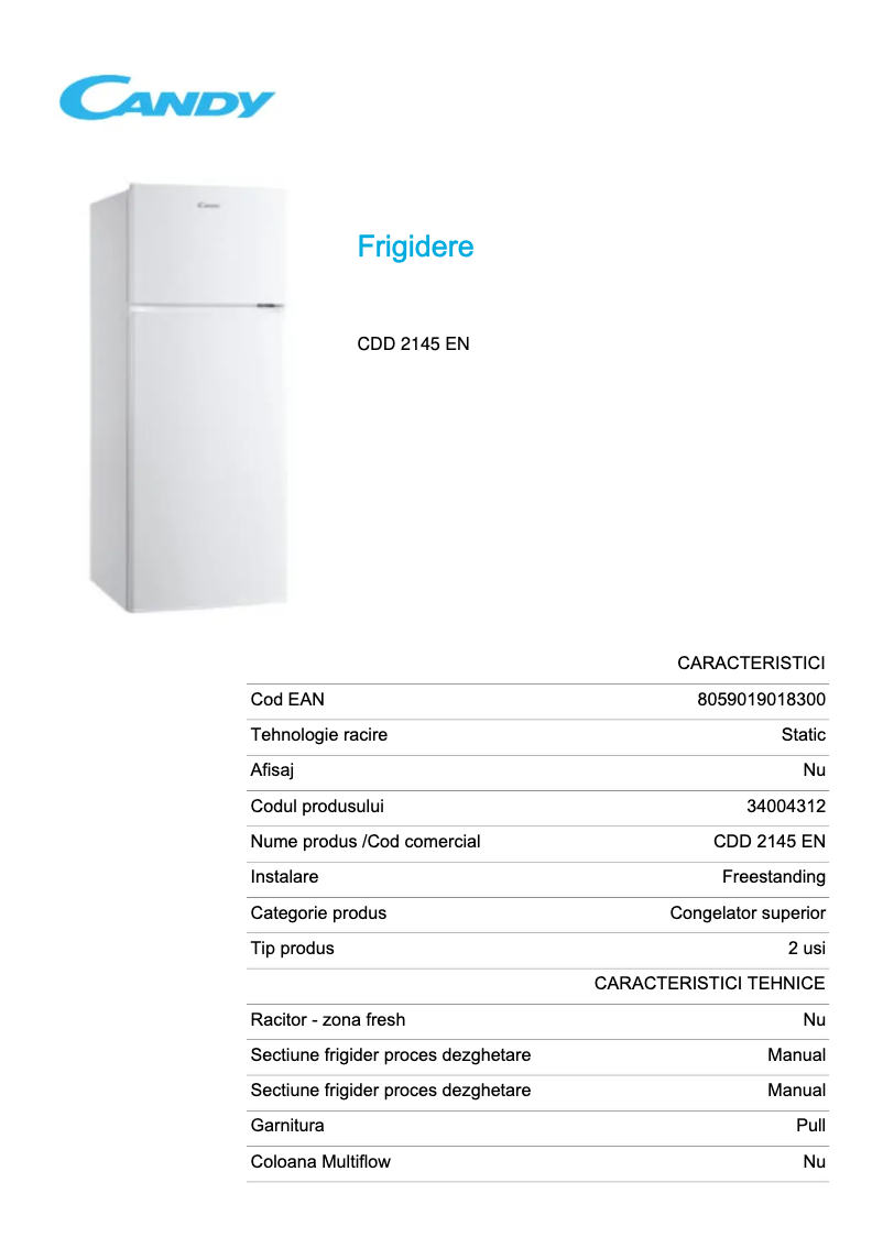 Página 1 del manual Ficha técnica Candy CDD 2145 EN