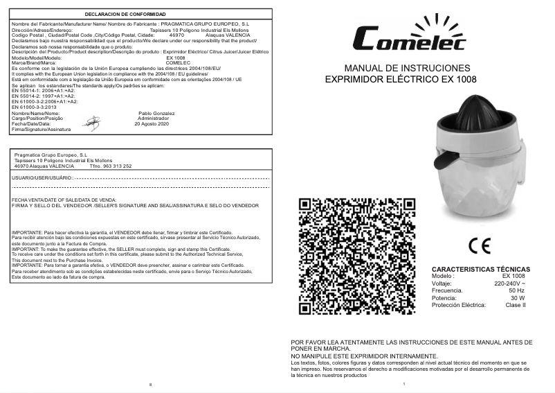 Página 1 del manual Manual de usuario Comelec EX 1008