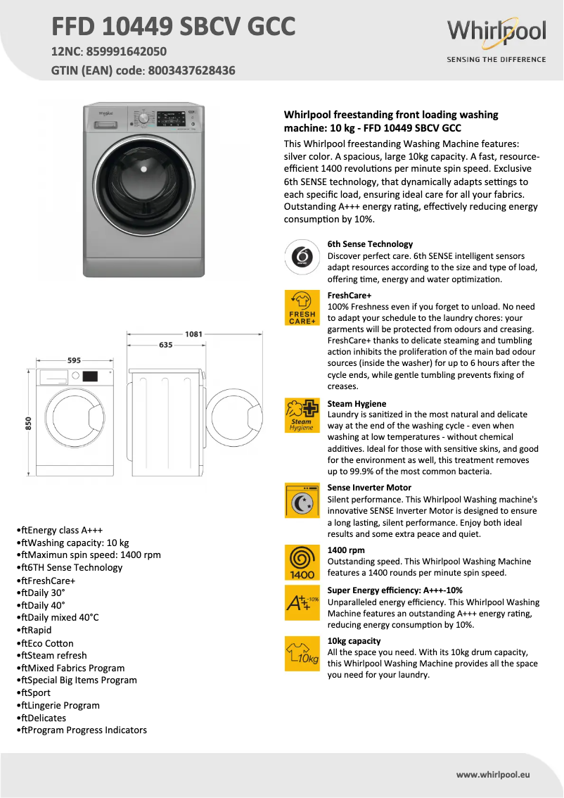 Página 1 del manual Ficha técnica Whirlpool FFD 10449 SBCV GCC