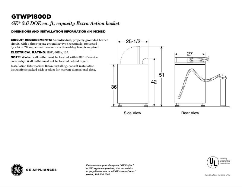 Página 1 del manual Ficha técnica GE GTWP1800DWW