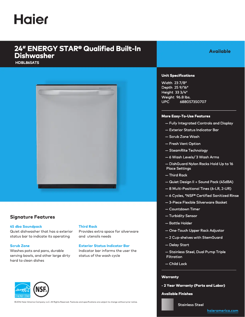 Página 1 del manual Ficha técnica Haier HDBL865ATS