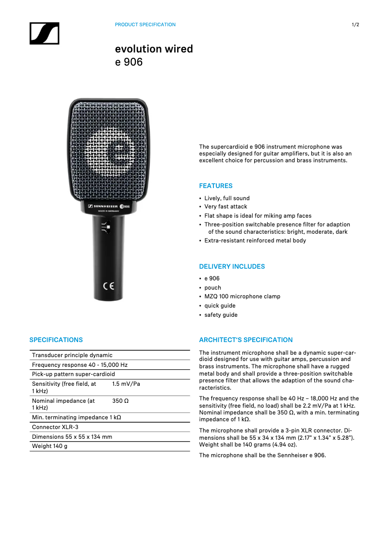 Página 1 del manual Ficha técnica Sennheiser e 906