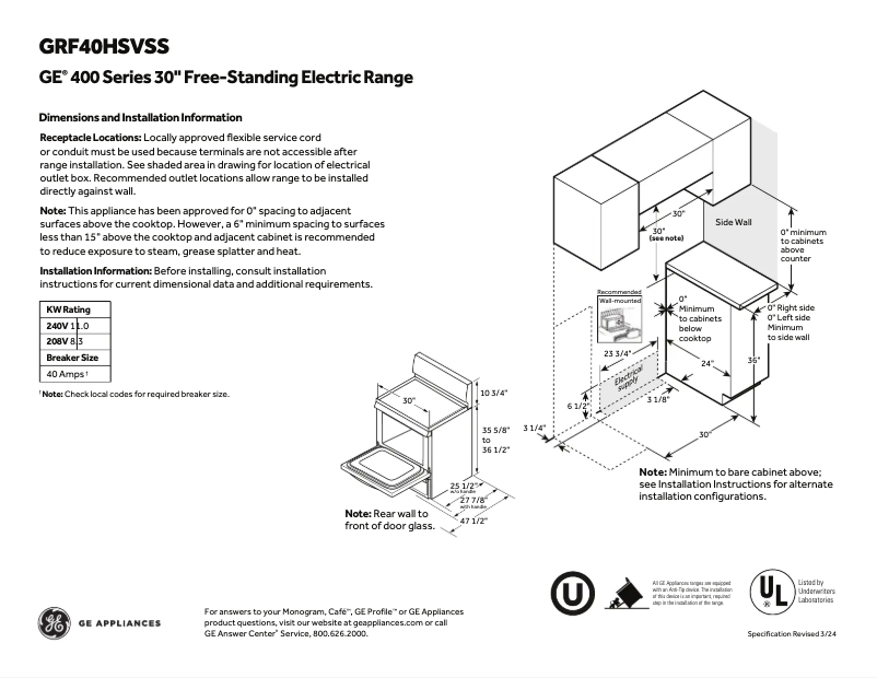 Página 1 del manual Ficha técnica GE GRF40HSVSS