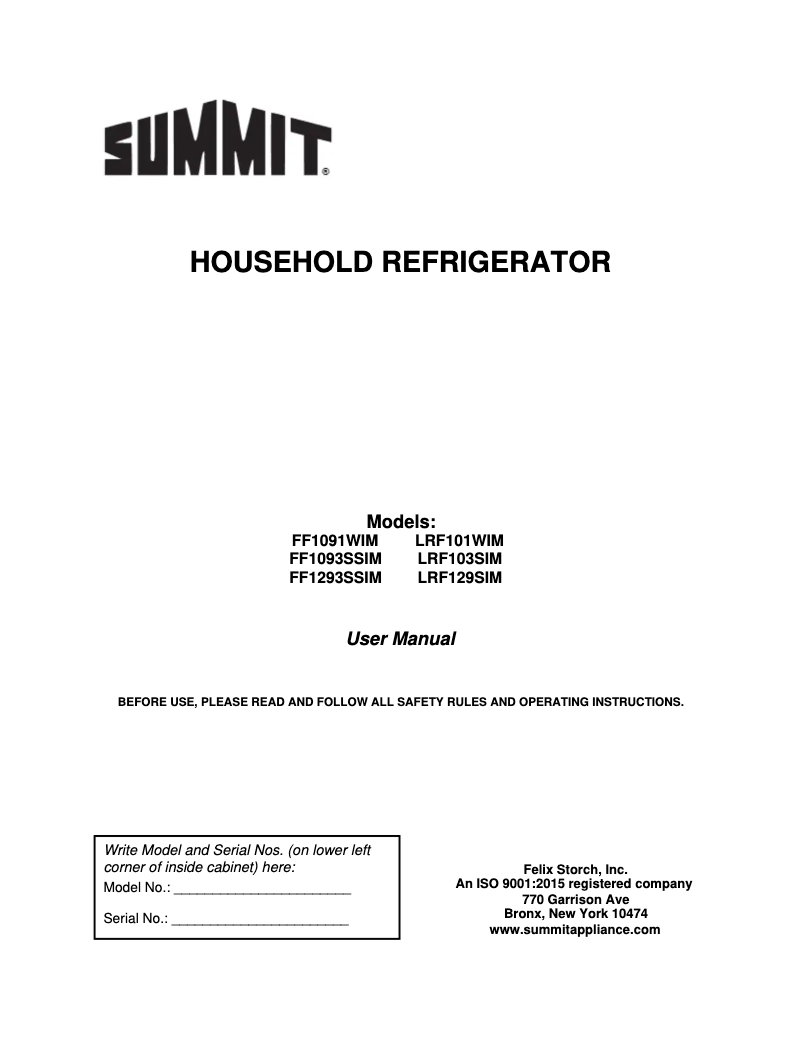 Página 1 del manual Manual de usuario Summit FF1091WIM