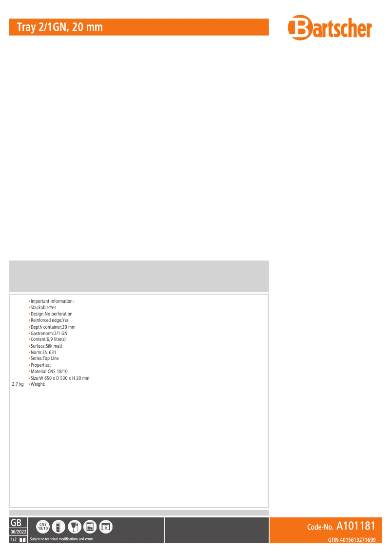 Página 1 del manual Ficha técnica Bartscher 2952291