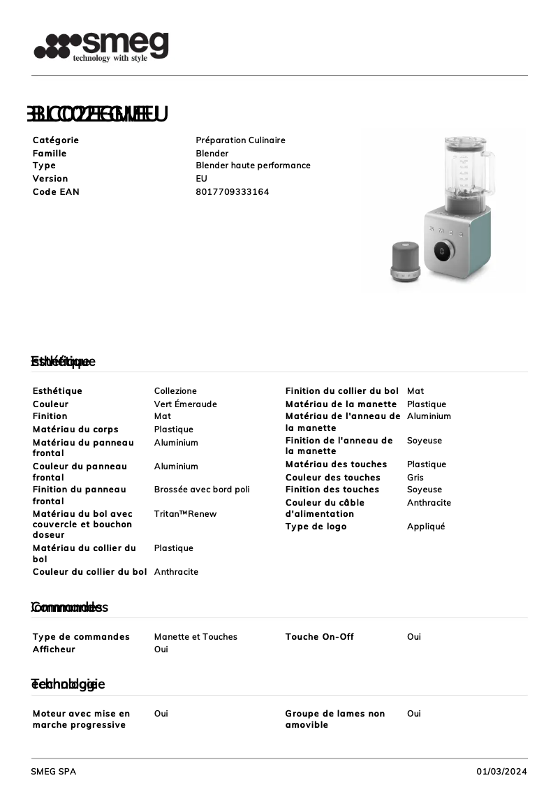 Página 1 del manual Ficha técnica Smeg BLC02
