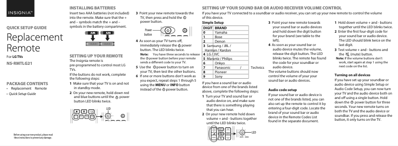 Imagen de la primera página del manual del dispositivo NS-RMTLG21
