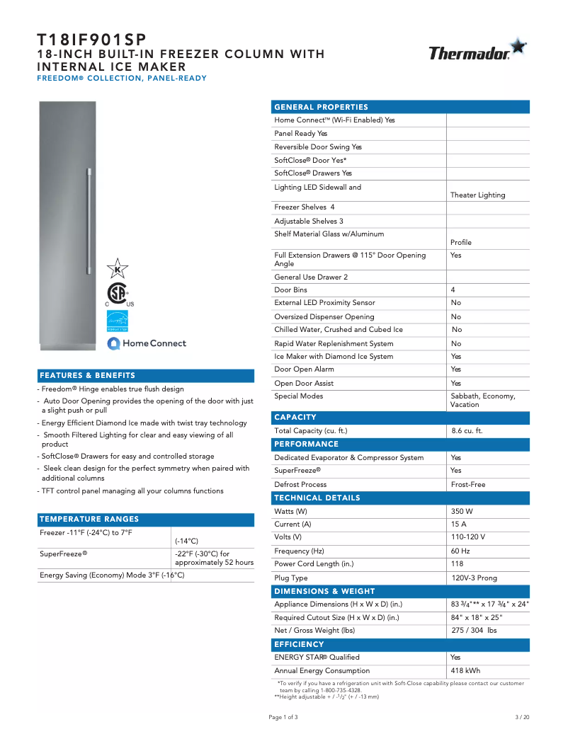 Página 1 del manual Ficha técnica Thermador T18IF901SP