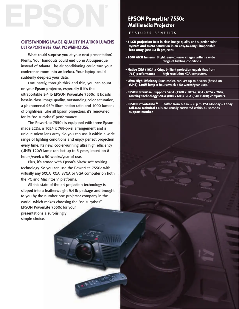 Imagen de la primera página del manual del dispositivo PowerLite 7550c