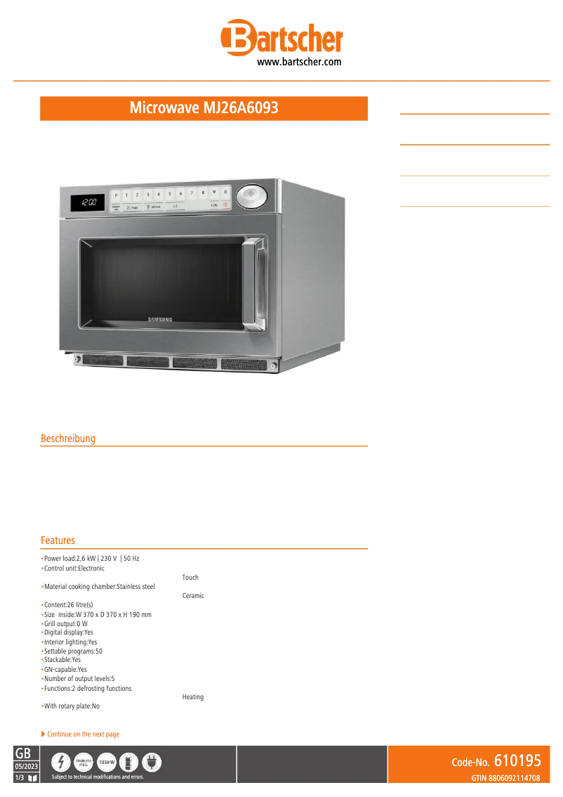 Página 1 del manual Ficha técnica Bartscher MJ26A6093