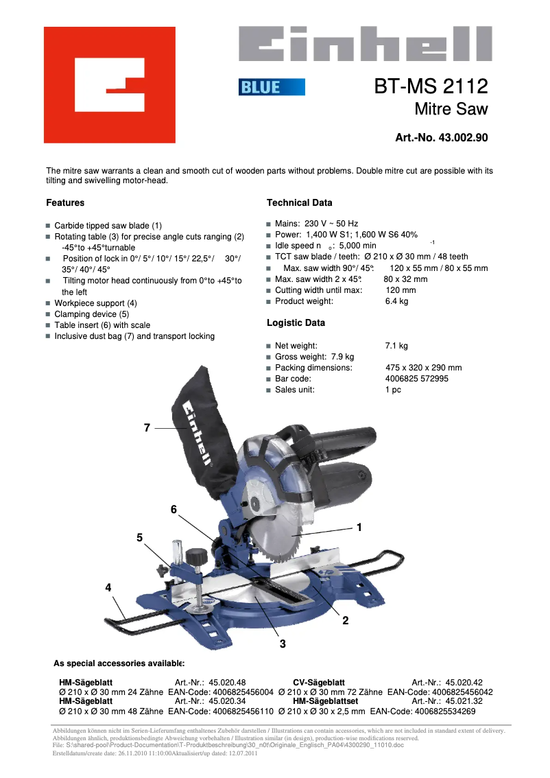 Página 1 del manual Ficha técnica Einhell BT-MS 2112