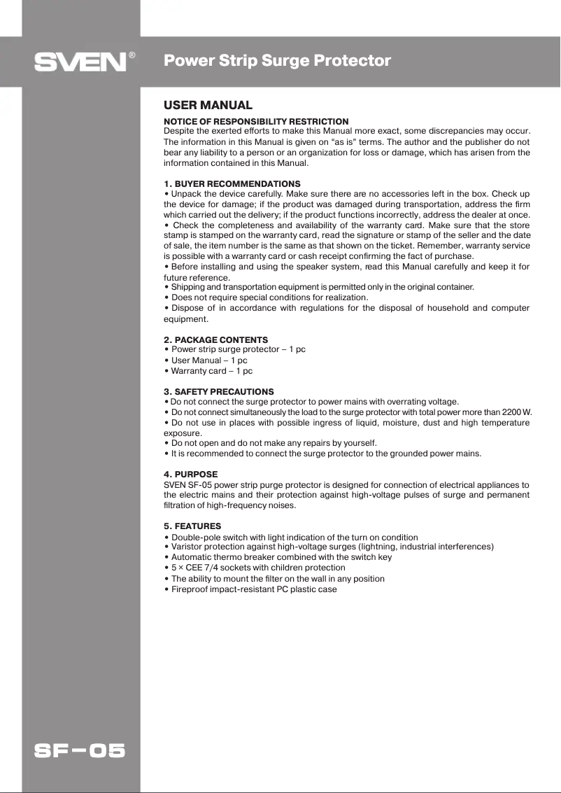 Imagen de la primera página del manual del dispositivo SF-05