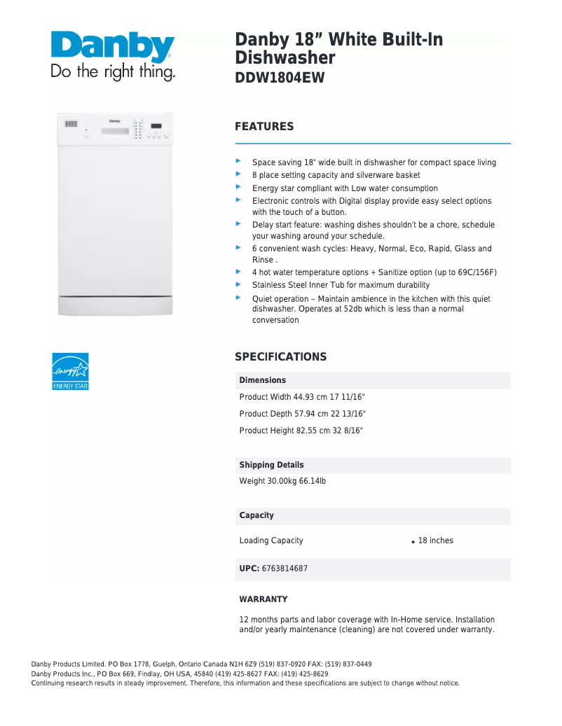 Página nº 1 - Ficha técnica Danby DDW1804EW