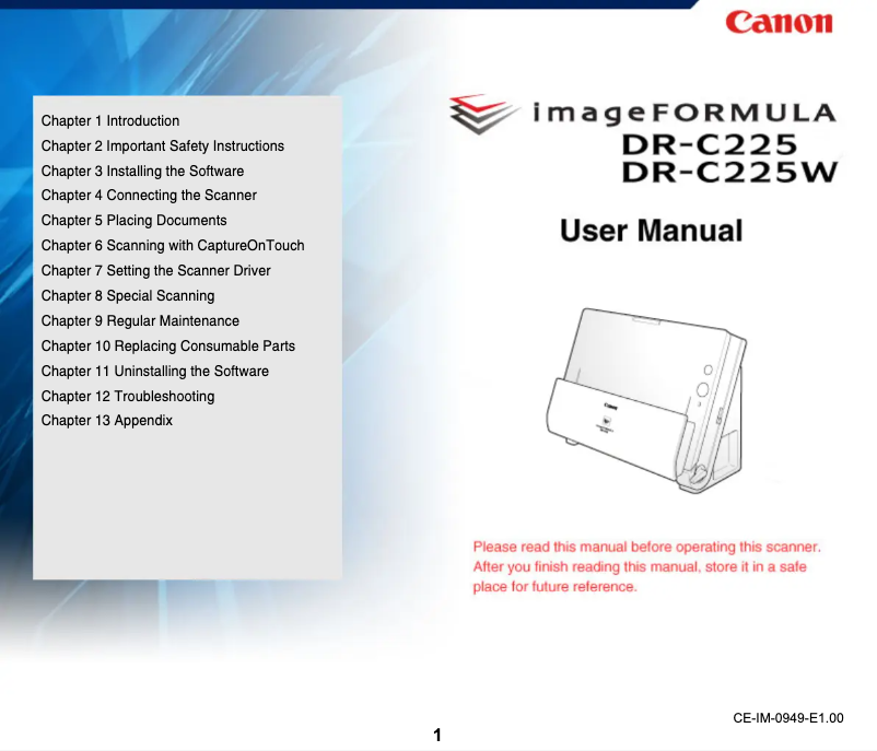 Imagen de la primera página del manual del dispositivo ImageFormula DR-C225W