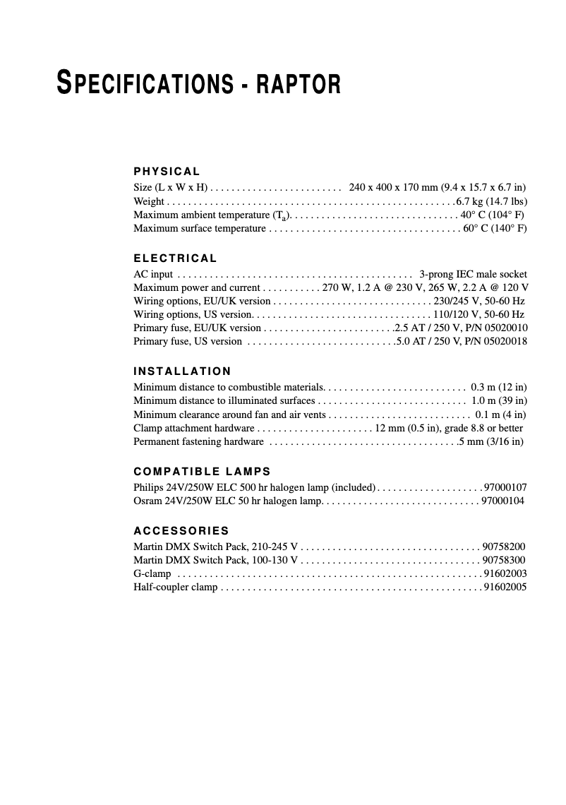 Página 1 del manual Ficha técnica Martin Raptor