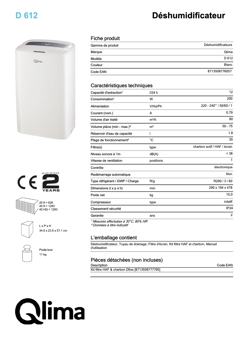 Página 1 del manual Ficha técnica Qlima D612