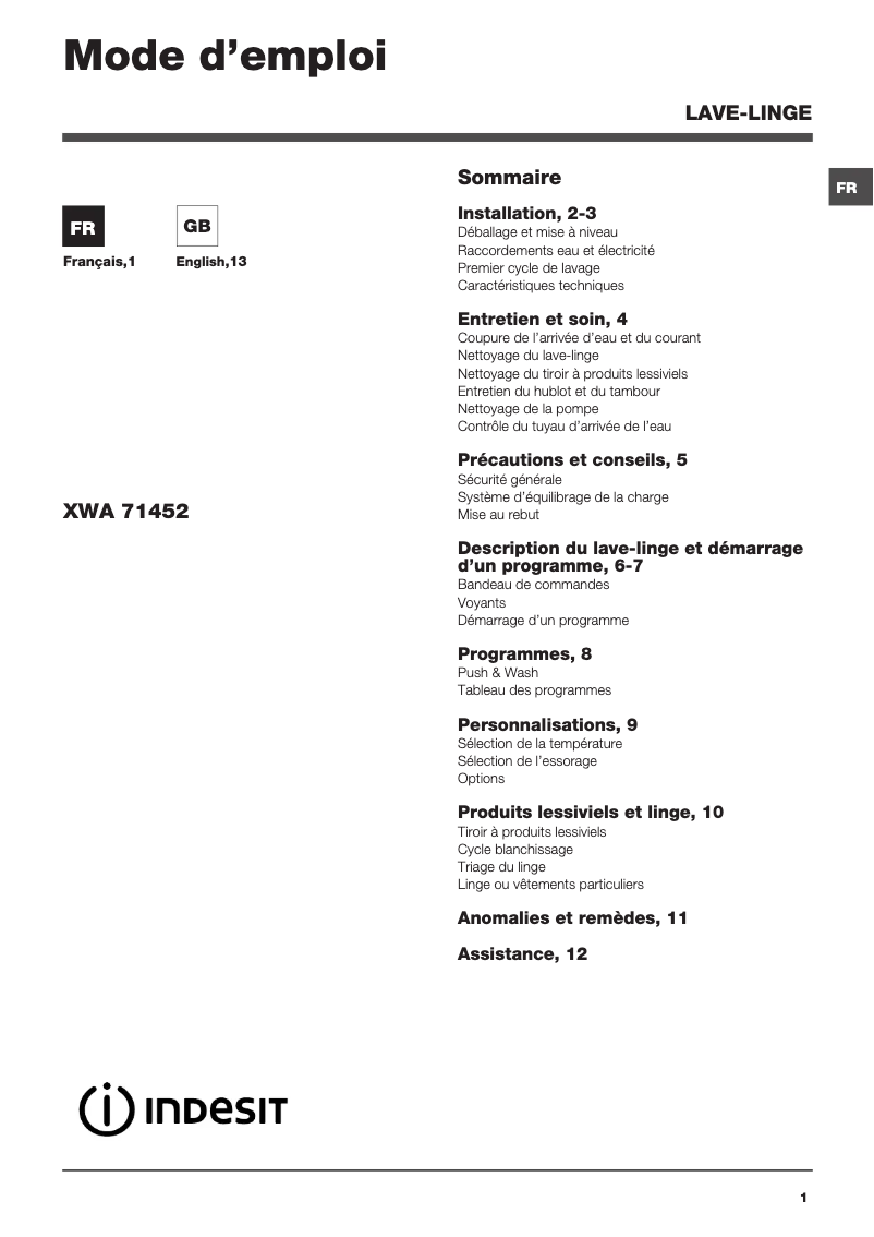 Página 1 del manual Manual de usuario Indesit XWA 71452 W FR