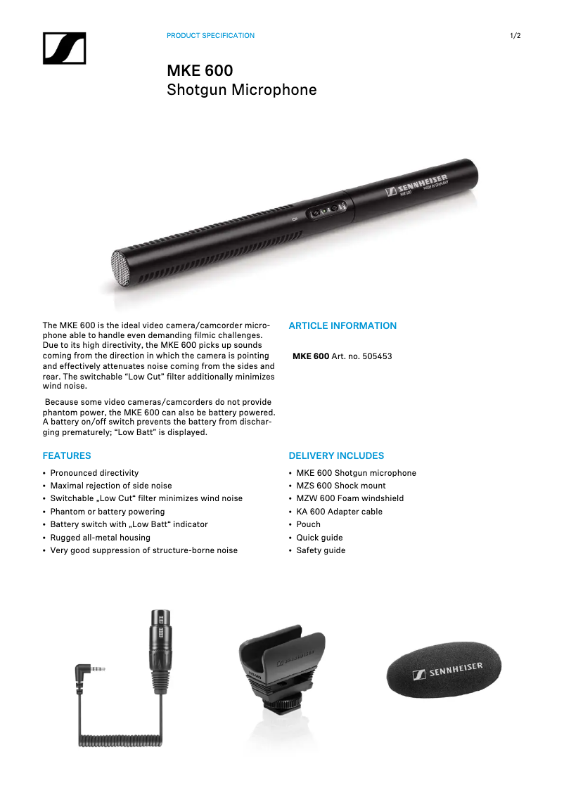 Página 1 del manual Ficha técnica Sennheiser MKE 600