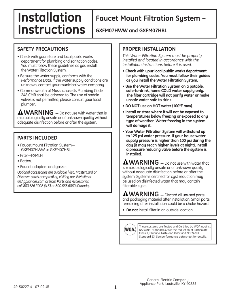 Imagen de la primera página del manual del dispositivo GXFM07HWW