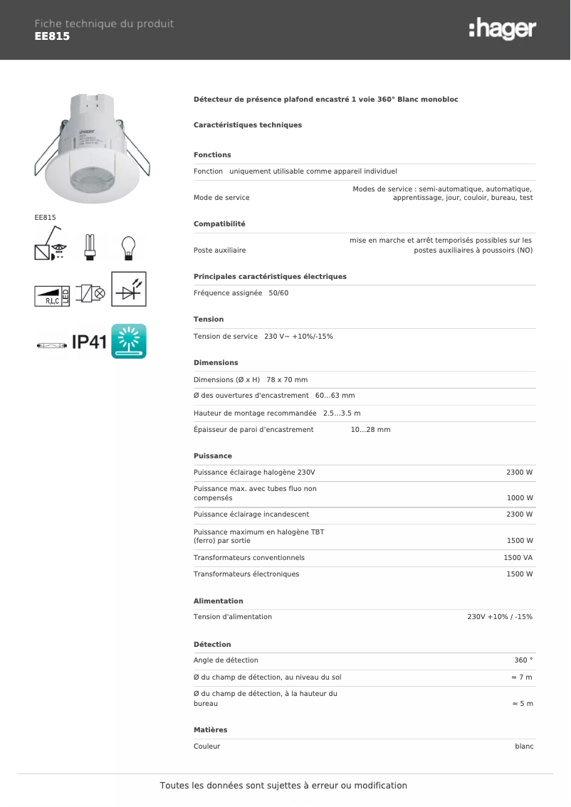 Página 1 del manual Ficha técnica Hager EE815
