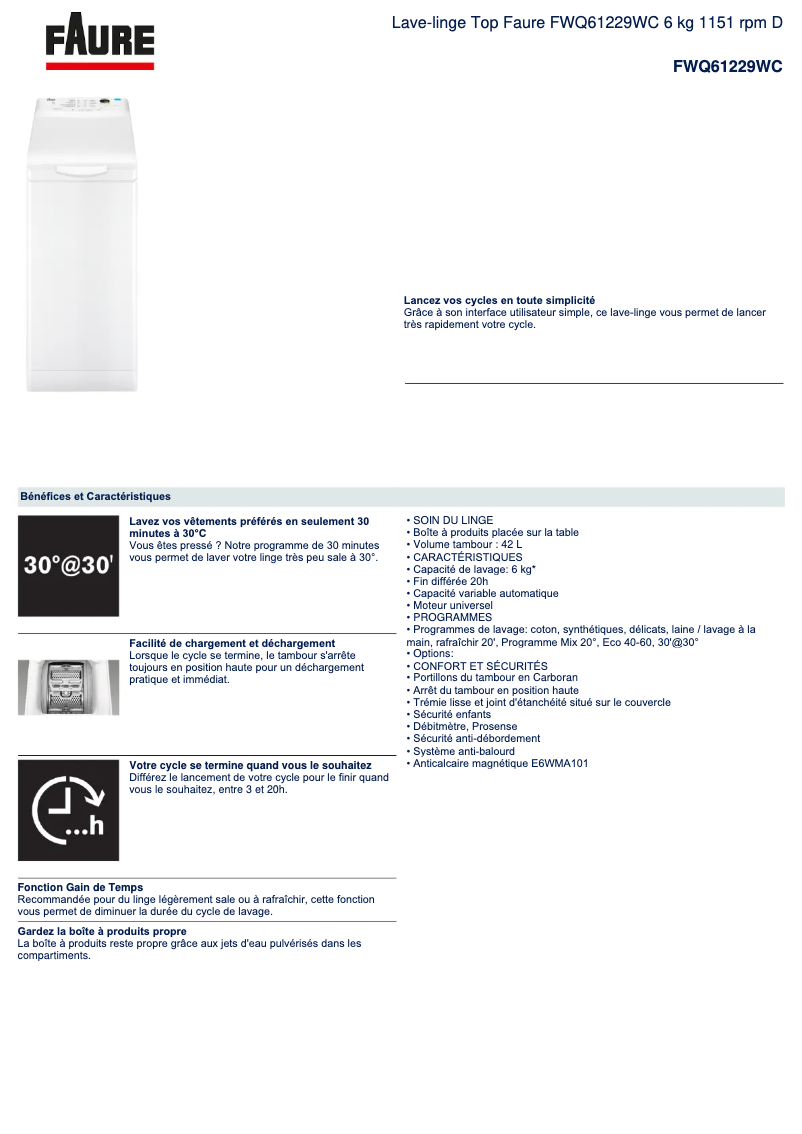 Página nº 1 - Ficha técnica Faure FWQ61229WC