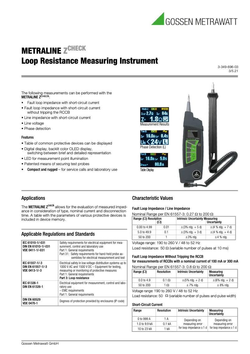 Página nº 1 - Ficha técnica Gossen Metrawatt Metraline Z Check