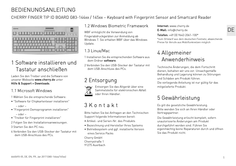 Página 1 del manual Manual de usuario Cherry FingerTIP ID Board G83-14500