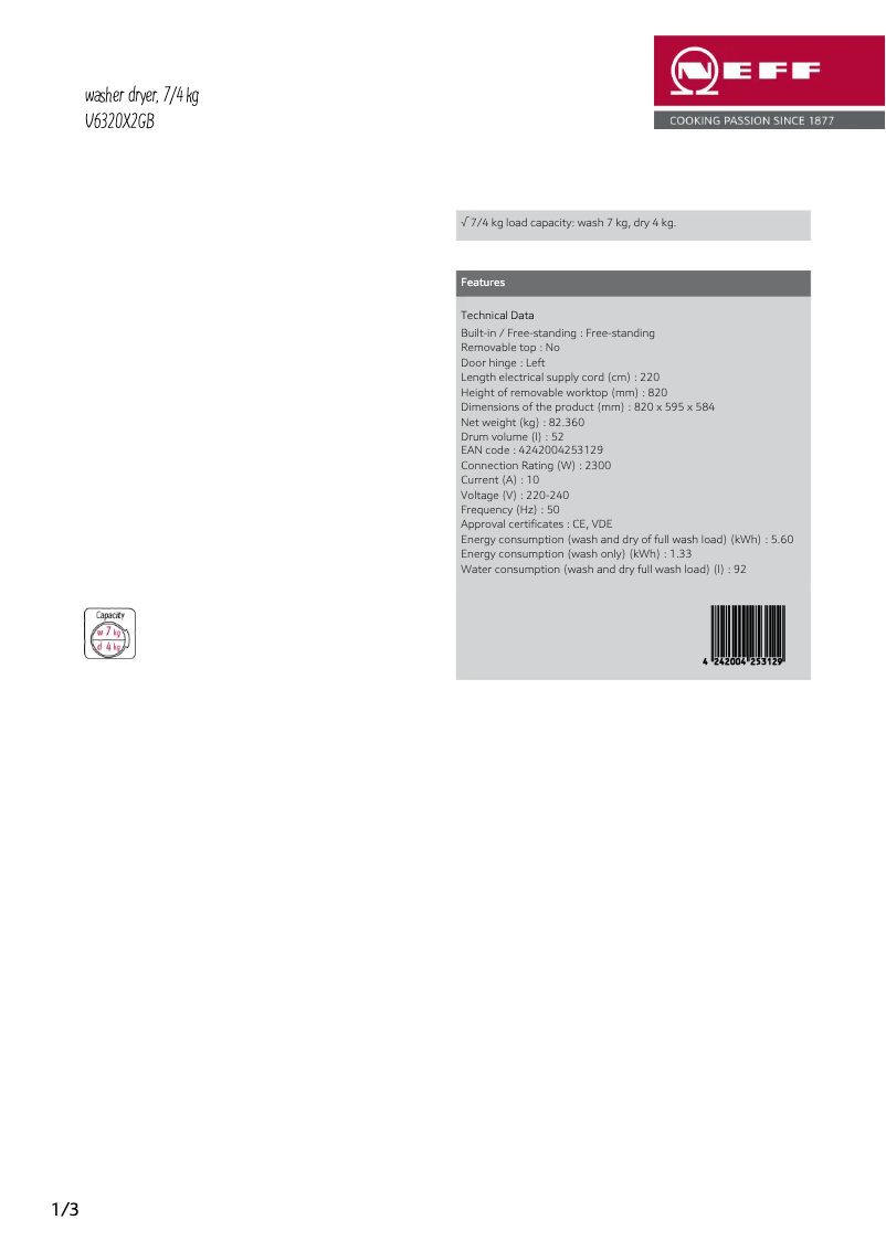 Página 1 del manual Ficha técnica Neff V6320X2GB