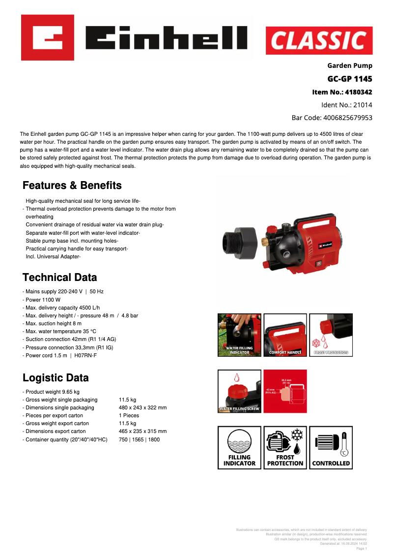 Página nº 1 - Ficha técnica Einhell GC-GP 1145
